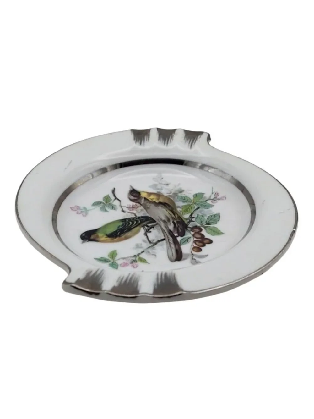 Norleans Porcelain Ashtray With Bird Motif & Silver Trim Japan Vintage MCM